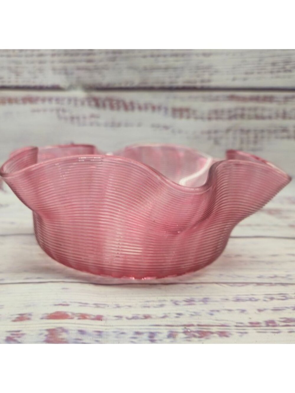 Antique Victorian Cranberry Art Glass Threaded & Ruffled Bowl With Elegant Swirl - Picture 6 of 10